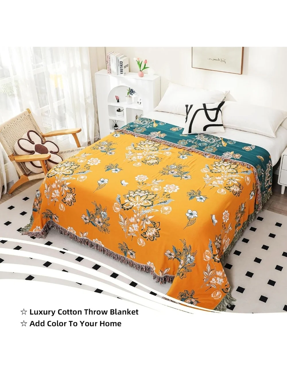 Orange Floral Throw Blanket - Soft Decorative Couch Cover 50x60
